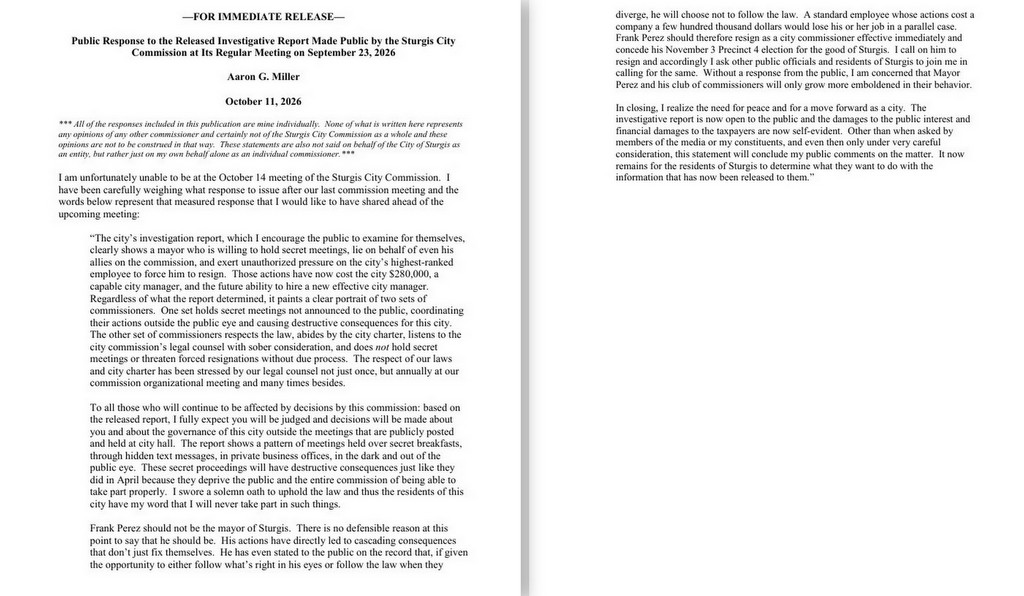 Miller Issues Response To City Of Sturgis Investigation